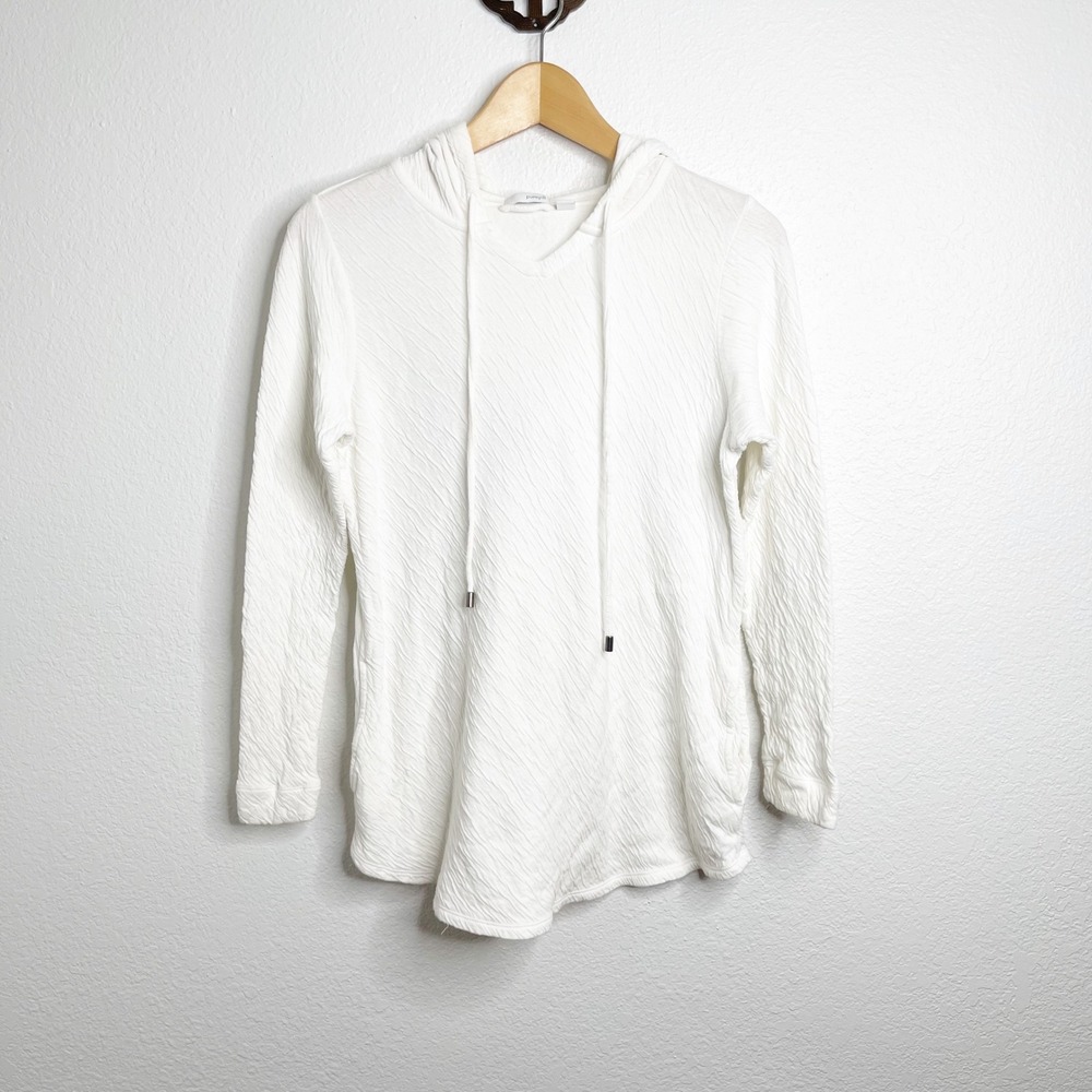 Pure Jill J Jill White Textured Cotton Hoodie‎ Top Small Petite V-Neck Pockets